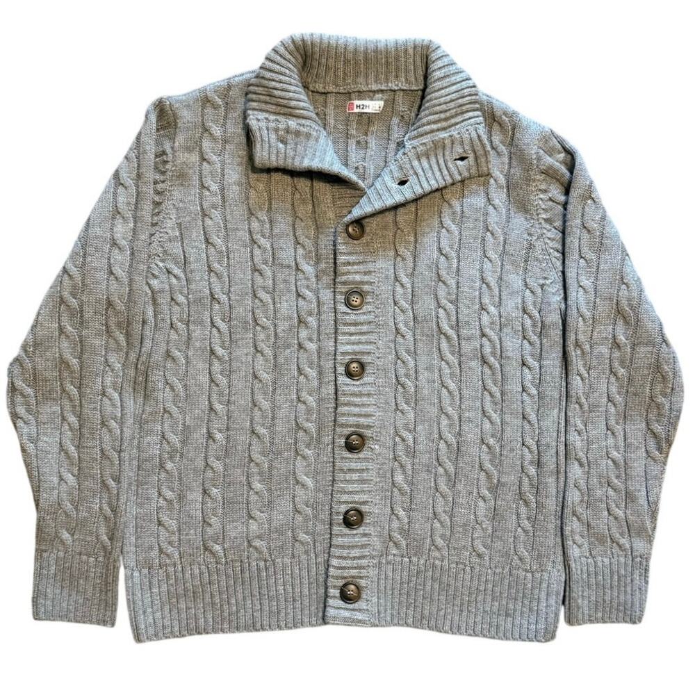 H2H Gray Cable Knit Cardigan Sweater Mens Large L Mock Neck Button Front Chunky